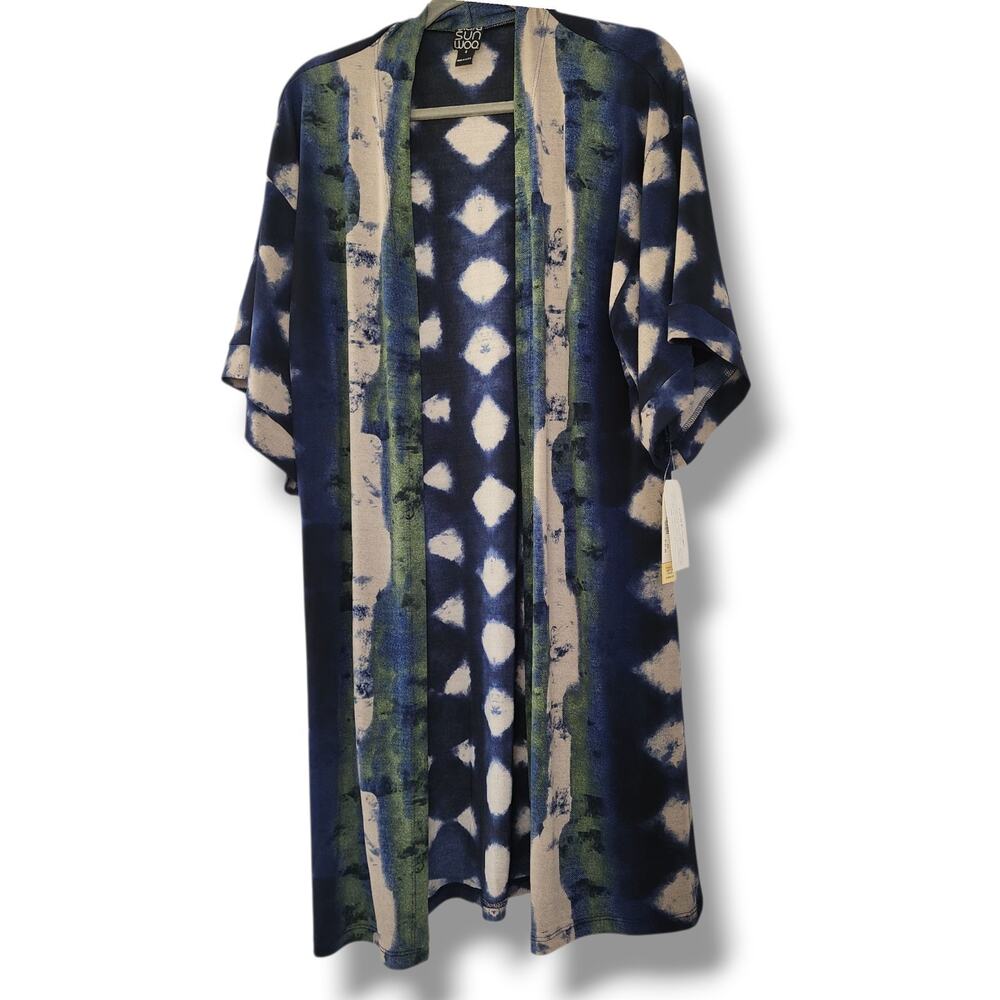 Clara Sun Woo Kimono Cardigan Womens S Blue Green Tie Dye Open Front Boho NWT